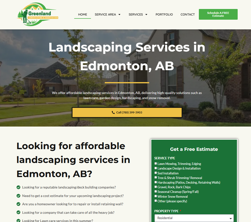 Greenland Landscaping & Renovation Website homepage