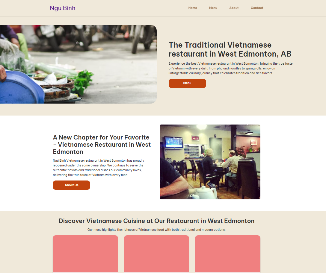 Ngu Binh Vietnamese restaurant homepage website